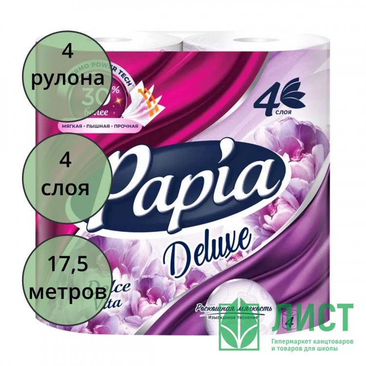 Бумага туалетная 4-слоя втулка 4 рулона в упаковке 17,5м Papia Elite арома Дольче Вита (Ст.14)