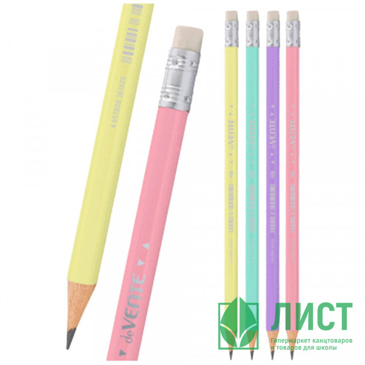 Карандаш чернографитный deVENTE c ластиком HB HB Pastel, корпус трехгранный арт.5032337