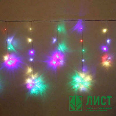Гирлянда электрическая для дома занавес Бахрома 2,5*0,6/0,9м 130LED &quot;Снежинка&quot; цвет мульти (светлый провод) (можно соединить) арт.183-133 Гирлянда электрическая для дома занавес Бахрома 2,5*0,6/0,9м 130LED "Снежинка" цвет мульти (светлый провод) (можно соединить) арт.183-133