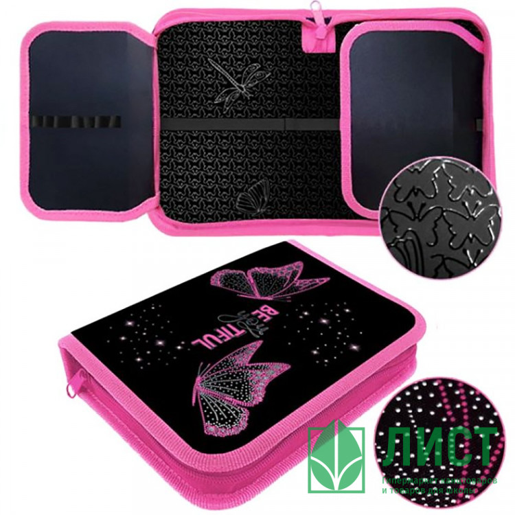 Пенал 1 отделение с 2 откидными планками (Оникс) ПКТ 09-22-19 Розовые бабочки Maxi 3D фольга 200х140х40мм ткань