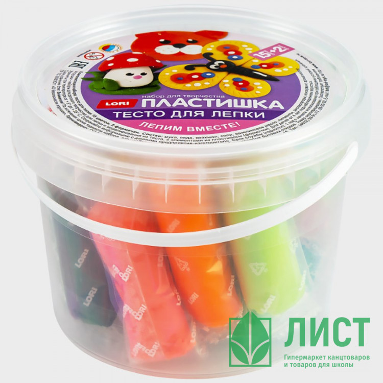 Тесто для лепки Пластишка 15 цветов по 24 грамма ведерко (LORI) с формочками арт.Тдл-044