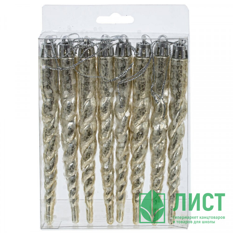 Украшение декор.подвеска пластик "Сосулька витая" 15см 08шт/наб. цв.серебро арт.807902