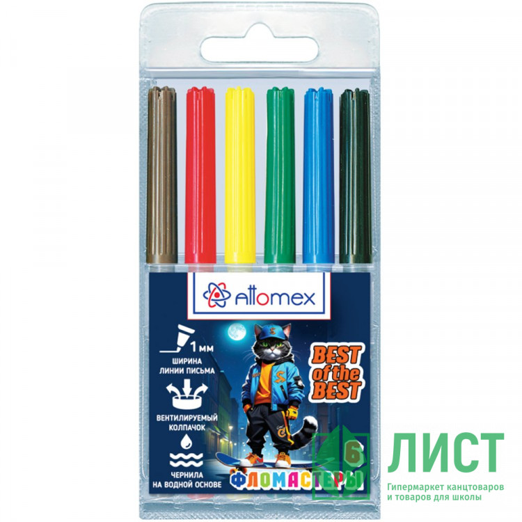 Фломастеры (Attomex) Best Of The Best 6 цветов вентилируемый колпачок, пластиковый блистер арт.5080539