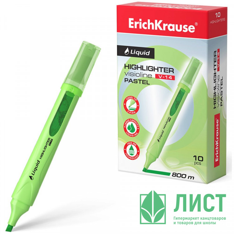 Маркер флуорисцентный ErichKrause Liquid Visioline V-14 Pastel 0,6-4мм скош. зеленый арт.56024 (Ст.10)