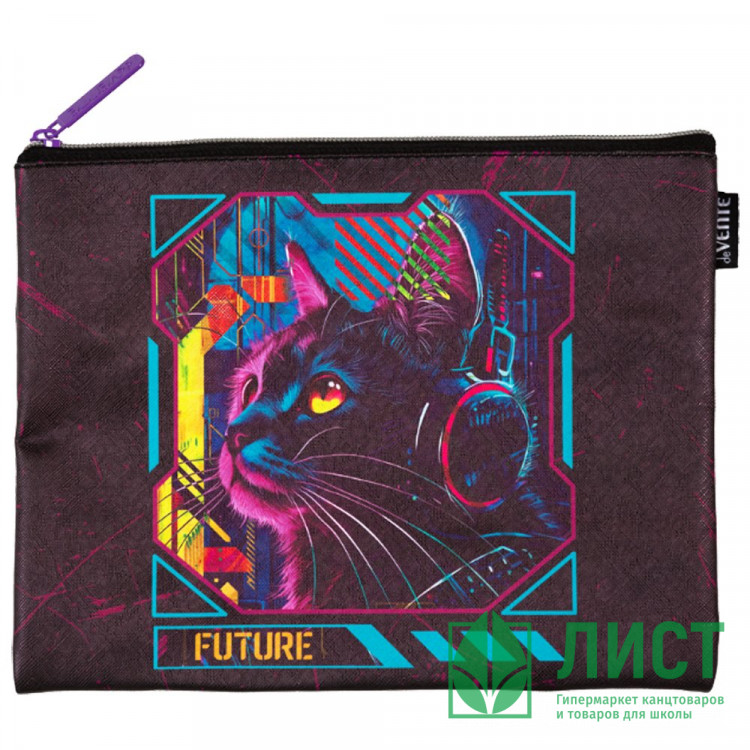 Папка школьная для тетрадей А5 на молнии кожзам (deVENTE) Label. Cyber Cat арт.8053525