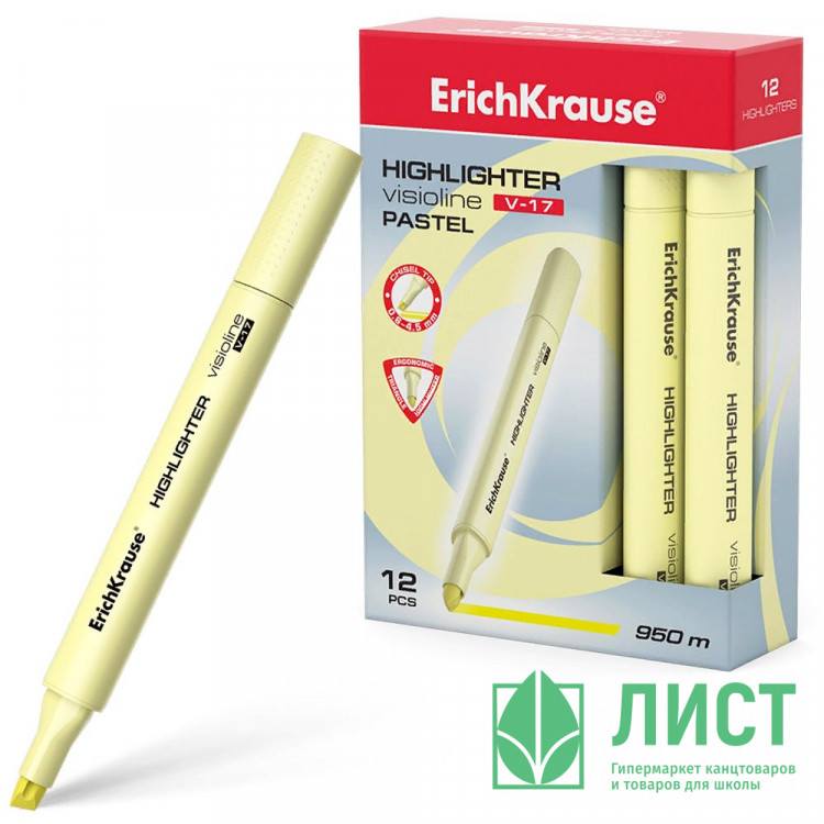Маркер флуорисцентный ErichKrause Visioline V-17 Pastel скош. желтый арт.56019 (Ст.12)