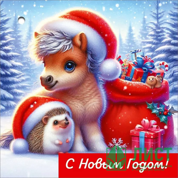 Бирка-открытка д/подарков А8 "Пони, ёжик в шапочках" арт.50001553