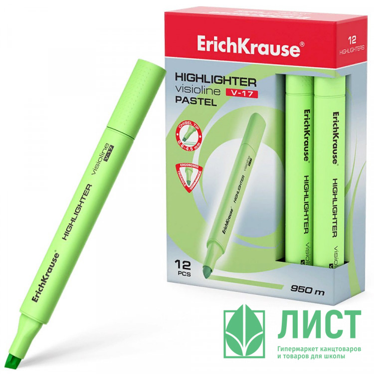 Маркер флуорисцентный ErichKrause Visioline V-17 Pastel скош. зеленый арт.56020 (Ст.12)