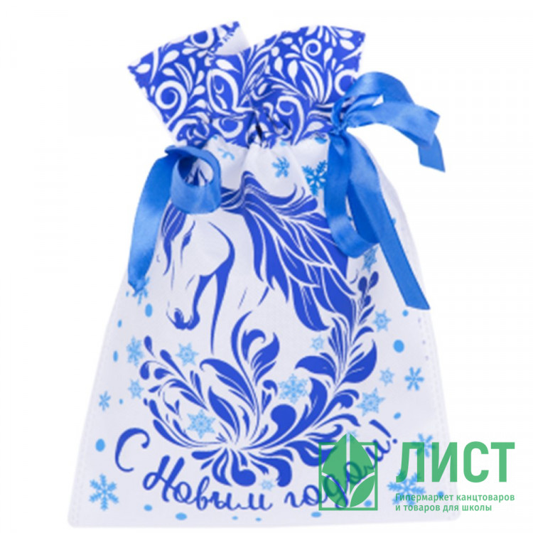 Мешок д/подарка с затяжной тесьмой 20*30см цв.белый/голубой арт.95082