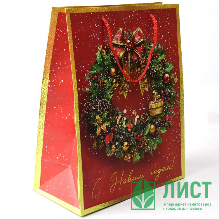 Пакет подароч. бумаж. 26*32см "Новогодний венок" цв.красный арт.95734FE
