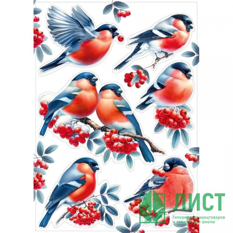 Украшение-наклейка на окно 47*16см "Снегири и рябина" арт.079.504